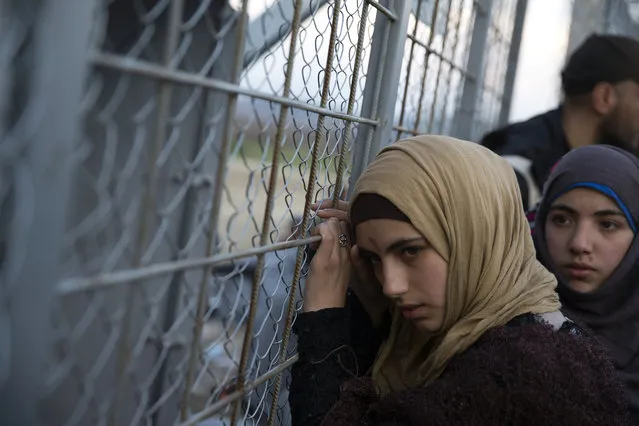 A young Syrian woman leans on the metal fence separating them from Macedonia, at the Greek border station of Idomeni, Sunday, February 28, 2016. More than 5500 refugees and migrants are stuck in the Greek-Macedonian borders. (Photo by Petros Giannakouris/AP Photo)