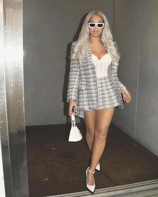American singer Beyoncé dazzles in a chic pleated mini-skirt with a matching blazer and cream corset in her New Year Instagram post in the last decade of December  2023. (Photo by Instagram)