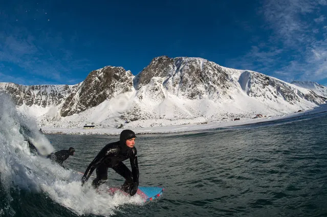 A surfer rides a wave at the snowy beach of Unstad, in Lofoten Island, Arctic Circle, on March 9, 2016. (Photo by Olivier Morin/AFP Photo)