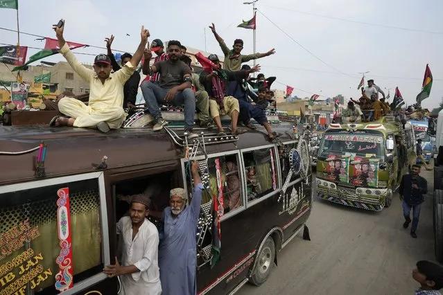 Supporters of Pakistan People's Party travel on vehicles and flashing victory signs during an election campaign rally, in Karachi, Pakistan, Monday, February 5, 2024. (Photo by Fareed Khan/AP Photo)