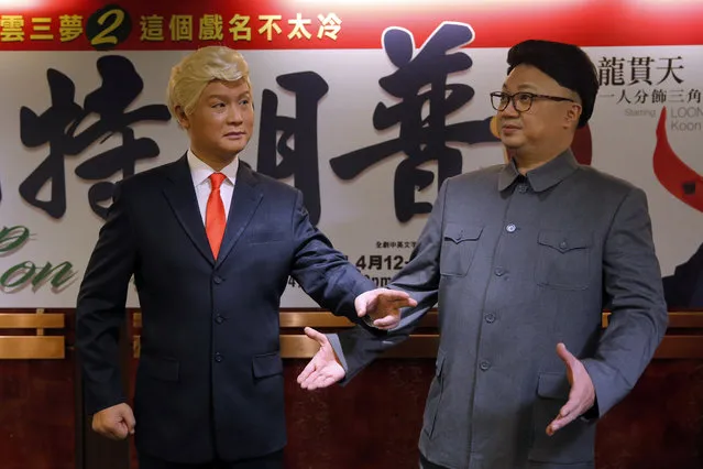 In this March 1, 2019, file photo, Hong Kong actors Chan Hung-chun, right, and Lung Koon-tin, dressed as North Korean leader Kim Jong Un and U.S. President Donald Trump, pose during a press conference to promote their upcoming Chinese opera “Trump on Show” in Hong Kong. President Trump is the inspiration for “Trump on Show”, a four-day Cantonese opera that reimagines the president's personal life and his fictional twin brother who lives in China. (Photo by Kin Cheung/AP Photo/File)