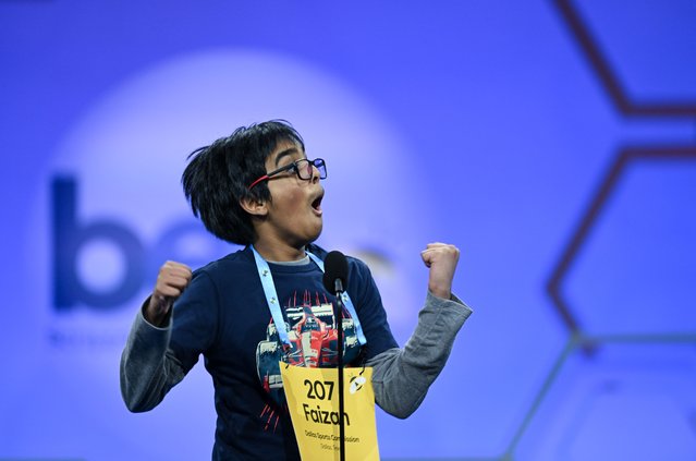 Faizan Zaki, 12, of Dallas, TX reacts as he gets a correct response during the semifinals of the Scripps National Spelling Bee at Gaylord National Resort and Convention Center on Wednesday May 29, 2024 in National Harbor, MD. (Photo by Matt McClain/The Washington Post)
