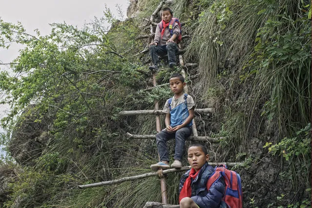 In this May 14, 2016 photo, children carrying their schoolbags take rest on the ladder built on a cliff in Zhaojue county, southwest China's Sichuan province. (Photo by Chinatopix via AP Photo)