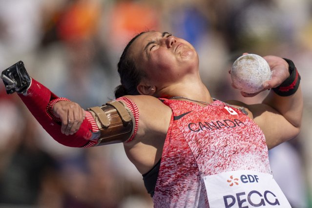 Katie Pegg, of Canada, competes in the Women's Shot Put F46 Final, at the Stade de France stadium, during the 2024 Paralympics, Wednesday, September 4, 2024, in Paris, France. (Photo by Emilio Morenatti/AP Photo)