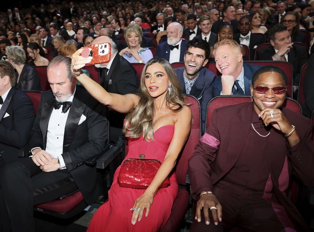 Sofía Vergara, Justin Mikita, Jesse Tyler Ferguson and Jessica Betts at the 76th Emmy Awards on Sunday, September 15, 2024 at the Peacock Theater in Los Angeles. (Photo by Danny Moloshok/Invision for the Television Academy/AP Content Services)