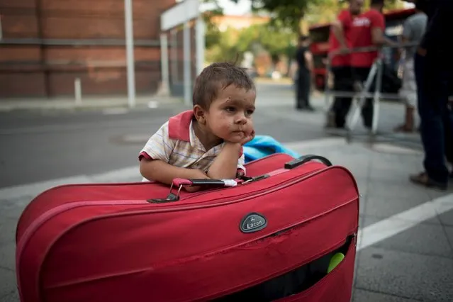 A migrant boy waits at his parents' suitcase as they leave the Berlin State Office for Health and Social Affairs with other newly arrived refugees who waited all day to apply for asylum in Berlin, August 10, 2015. (Photo by Stefanie Loos/Reuters)