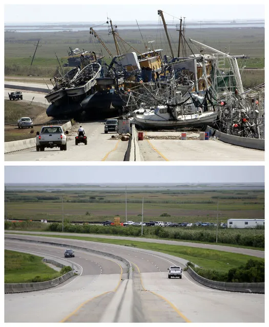 This combination of October 10, 2005 and August 4, 2015 photos shows a tangle of fishing boats blocking the lanes of Highway 23 in Empire, La. after Hurricane Katrina ravaged the region, and the same site a decade later. (Photo by Don Ryan/Gerald Herbert/AP Photo)