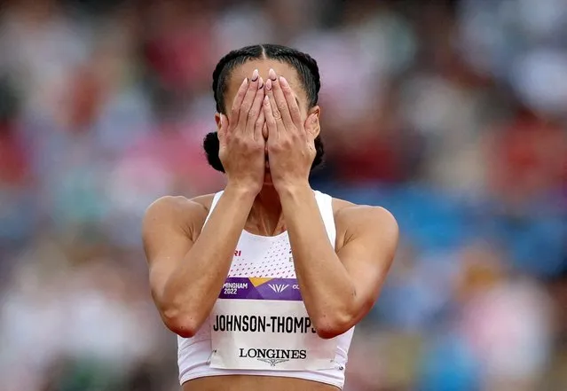 Katarina Johnson-Thompson of Team England reacts after competing in the Women's Heptathlon High Jump on day five of the Birmingham 2022 Commonwealth Games at Alexander Stadium on August 2, 2022 on the Birmingham, United Kingdom. (Photo by Phil Noble/Reuters)