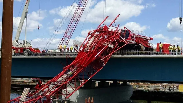 A giant crane sits on the Tappan Zee Bridge north of New York City after toppling around noon on Tuesday, July 19, 2016, during construction of a new bridge, across the Hudson River between Westchester and Rockland counties. The base and treads of the huge, moveable crane sat on the unfinished new bridge while part of the toppled crane lay across the lanes of the old bridge and another section lay across a construction platform in the water between the two spans. (Photo by David Leibstein via AP Photo)