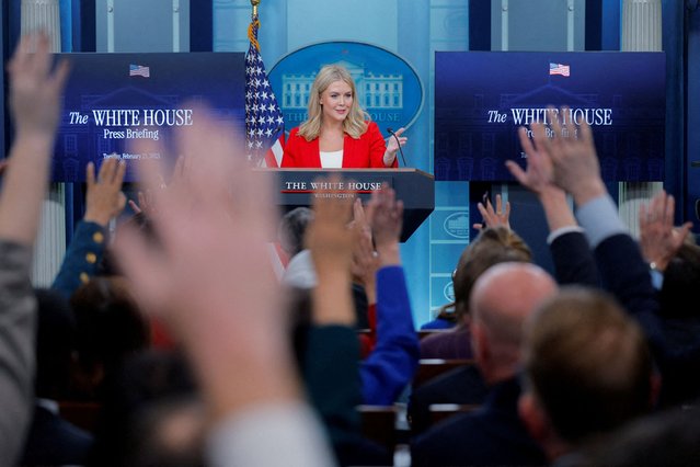 White House Press Secretary Karoline Leavitt  takes a question during a press briefing at the White House in Washington, DC, U.S., February 25, 2025. (Photo by Brian Snyder/Reuters)