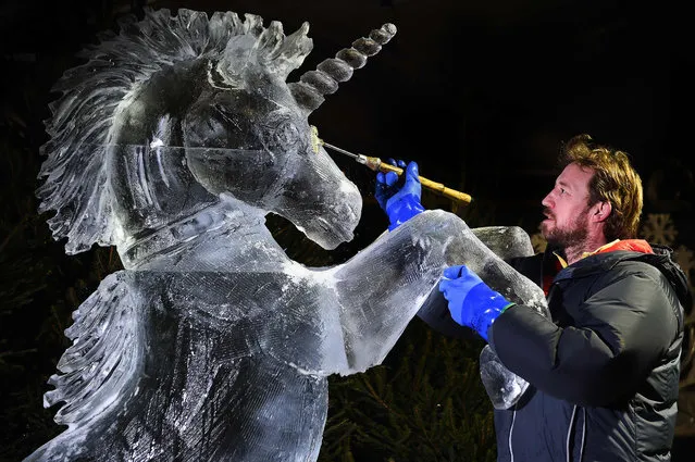 Ice sculptor Darren Jackson puts the finishing touches to an ice sculpture of a Unicorn, which makes up part of a forthcoming exhibition, “The Ice Adventure: A Journey Through Frozen Scotland”, in Edinburgh, Scotland on November 14, 2017. (Photo by Andy Buchanan/AFP Photo)