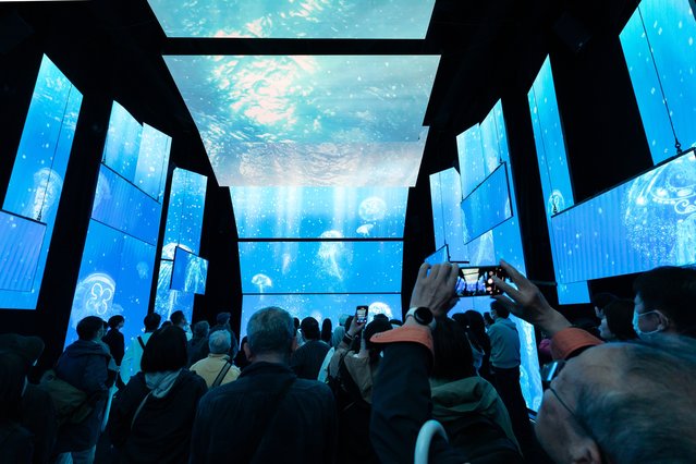 Visitors watch a presentation in the Australia Pavilion during the Expo 2025 Osaka, Kansai, Japan on April 13, 2025 in Osaka, Japan. The World Expo 2025 in Osaka, Japan, themed “Designing Future Society for Our Lives”, is a significant global event focusing on technological innovation and sustainable development. Against the backdrop of U.S. President Donald Trump's trade tariffs, the Expo serves as a platform for Japan to showcase its commitment to multilateral cooperation and technological leadership while fostering diplomatic ties and economic partnerships, particularly with ASEAN and China. (Photo by Tomohiro Ohsumi/Getty Images)