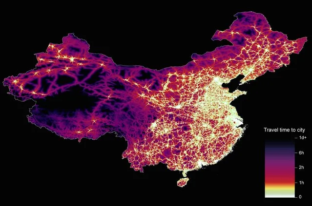 From Britain to China to Mali, new maps showing travel times to the nearest urban centre reveal huge differences between countries. Using Open Street Map and Google, a University of Oxford team have created a visual breakdown that suggests major inequalities when it comes to commuting. Here: China. The dataset used for China was unique as it relied solely on Open Street Map, due to restrictions on accessing Google data. The population is densely concentrated in the east and accessibility is increased, whereas rural provinces in the west remain remote. (Photo by Daniel Weiss/Jennifer Rozier/Malaria Atlas Project/University of Oxford )