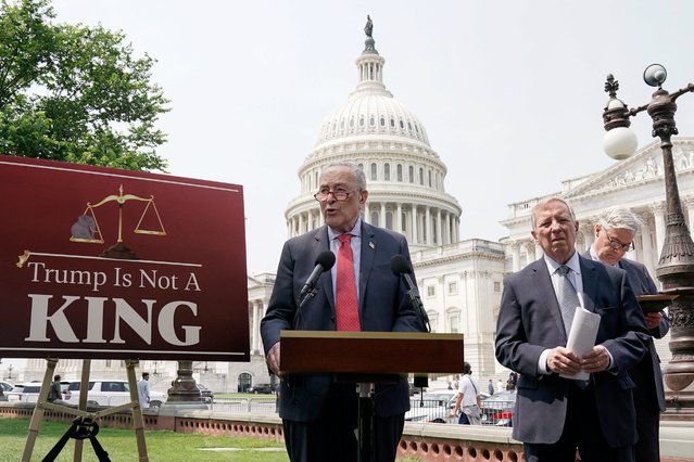 US Senate Minority Leader Chuck Schumer (L), Democrat from New York, speaks alongside Senator Dick Durbin (2nd R), Democrat from Illinois, and Senator Sheldon Whitehouse (R), Democrat from Rhode Island, during a news conference on the President Trump-backed Republican policy and budget bill and the impacts it could have on the federal court system, outside the US Capitol on June 5, 2025, in Washington, DC. US senators have begun weeks of what is expected to be fierce debate over the policy package President Donald Trump hopes will seal his legacy, headlined by tax cuts slated to add up to $3 trillion to the nation's debt. (Photo by Oliver Contreras/AFP Photo)