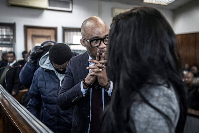 Businessman Vusimuzi “Cat” Matlala appears in Alexandra Magistrates Court with his wife Tsakani Matlala on July 11, 2025 in Johannesburg, South Africa. He faces charges of attempted murder, conspiracy to commit murder, and money laundering after he allegedly orchestrated a hit on his ex-girlfriend, actress Tebogo Thobejane, in 2023. Mr. Matlala is also at the center of a scandal surrounding KwaZulu-Natal top cop Lieutenant General Nhlanhla Mkhwanazi, and Police Minister Senzo Mchunu, where General Mkhwanazi recently publicly warned that drug cartels, criminal syndicates infest SA law enforcement at the highest level. (Photo by Per-Anders Pettersson/Getty Images)