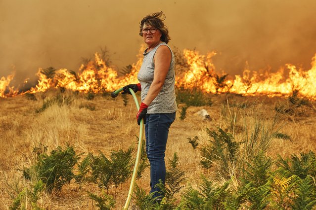 A woman with a hose tries to put out the fire during a wildfire in Santa Baia De Montes, northwestern Spain, Thursday, August 14, 2025. (Photo by Lalo R. Villar/AP Photo)