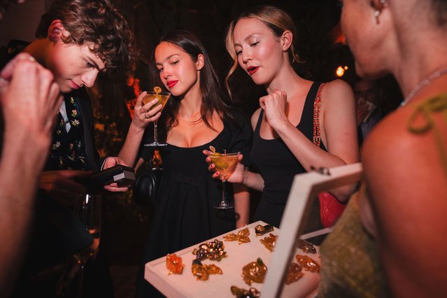Sam Nivola, Olivia Rodrigo and Iris Apatow attend the HBO Max Primetime Emmy Awards Afterparty at San Vicente Bungalows on September 14, 2025 in West Hollywood, California. (Photo by David Jon/Getty Images for HBO Max)