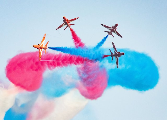 The Red Arrows perform their display at the Eastbourne Airshow, UK on Sunday afternoon,  on August 17, 2025. (Photo by Liam Willis/Picture Exclusive)