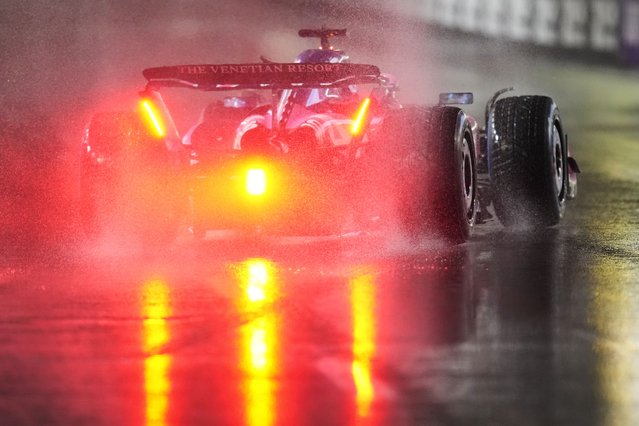 Alpine driver Pierre Gasly of France slides off the track during a qualifying session at the Formula One Las Vegas Grand Prix auto race, Friday, November 21, 2025 in Las Vegas. (Photo by Nick Didlick/AP Photo)