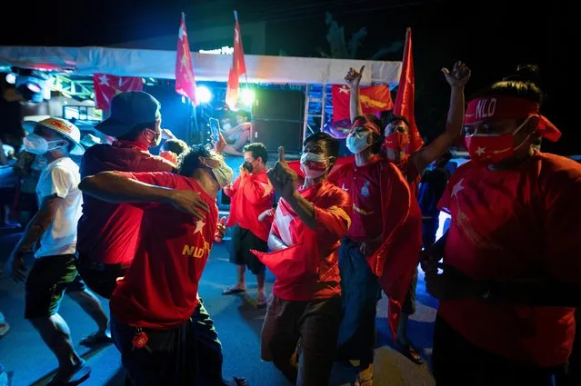 Supporters of National League for Democracy gather to celebrate at party headquarters after the general election in Yangon, Myanmar, November 9, 2020. (Photo by Shwe Paw Mya Tin/Reuters)