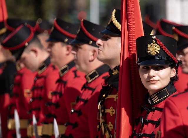 Honor guards are viewed during an official welcoming ceremony for Turkish President Recep Tayyip Erdogan by Albanian President Bajram Begaj, in Tirana, Albania on October 10, 2024. Turkish President Recep Tayyip Erdogan was welcomed by Albanian President Bajram Begaj with an official ceremony ahead of their meeting. (Photo by Mehmet Ali Ozcan/Anadolu via Getty Images)