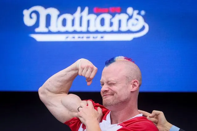 Competitive eater Nick Wehry is introduced during a weigh-in ceremony before the Nathan's Famous July Fourth hot dog eating contest, Monday, July 3, 2023, in New York. (Photo by John Minchillo/AP Photo)