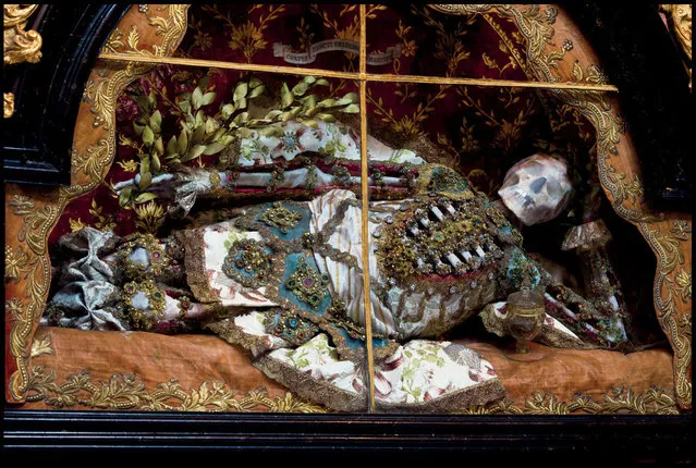 St Friedrich at the Benedictine abbey in Melk, Austria. A relic hunter dubbed “Indiana Bones” has lifted the lid on a macabre collection of 400-year-old jewel-encrusted skeletons unearthed in churches across Europe. (Photo by Paul Koudounaris/BNPS)