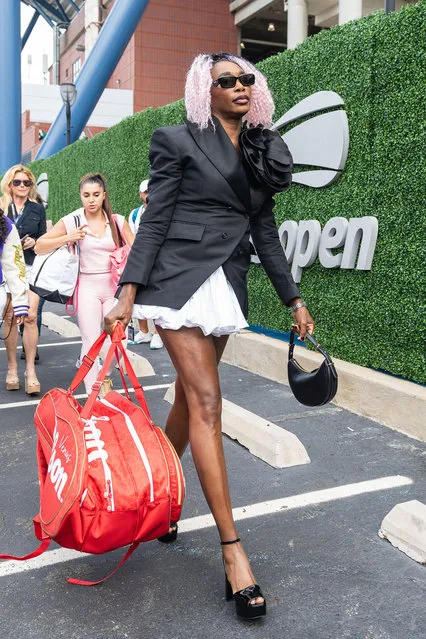American professional tennis player Venus Williams wears a Willy Chavarria jacket, Alaïa skirt, IWC watch and a Prada bag, shoes and sunglasses at the US Open on August 29, 2023. (Photo by Nathan-Brook Woldu/JONESWORKS)
