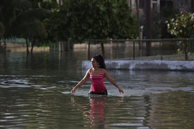 A woman makes her way on a flooded street in Havana, Cuba, January 23, 2017. (Photo by Alexandre Meneghini/Reuters)