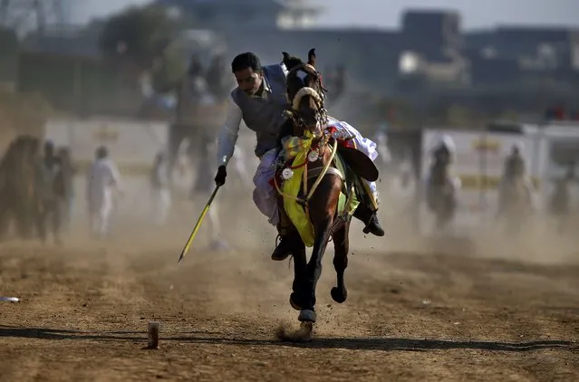 A rider targets a wooden peg during a tent pegging competition organized by a local club, on the outskirts of Islamabad, Pakistan, Sunday, November 21, 2021. In the ancient game of tent pegging, a horseman gallops and uses a sword or a lance to pierce, pick up, and carry away a wooden peg. (Photo by Anjum Naveed/AP Photo)