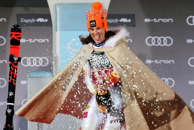 Winner Petra Vlhova from Slovakia celebrates on the podium of the FIS women's World Cup slalom in Zagreb, the “Snow Queen Trophy 2022”, on January 4, 2022. (Photo by Antonio Bronic/Reuters)