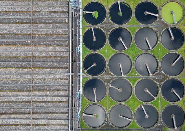 A drone view shows Mogden sewage treatment works, the third largest in the UK and owned by Thames Water, in west London, Britain, on April 1, 2024. (Photo by Toby Melville/Reuters)