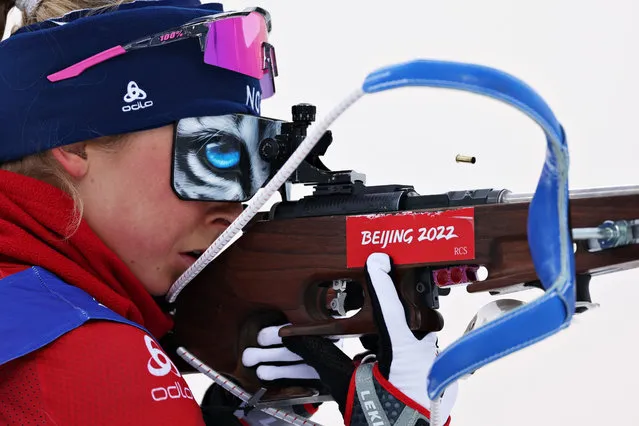 Ingrid Landmark Tandrevold of Team Norway shoots during a warm up before Women's Biathlon 7.5km Sprint at National Biathlon Centre during day 7 of Beijing 2022 Winter Olympics on February 11, 2022 in Zhangjiakou, China. (Photo by Lars Baron/Getty Images)