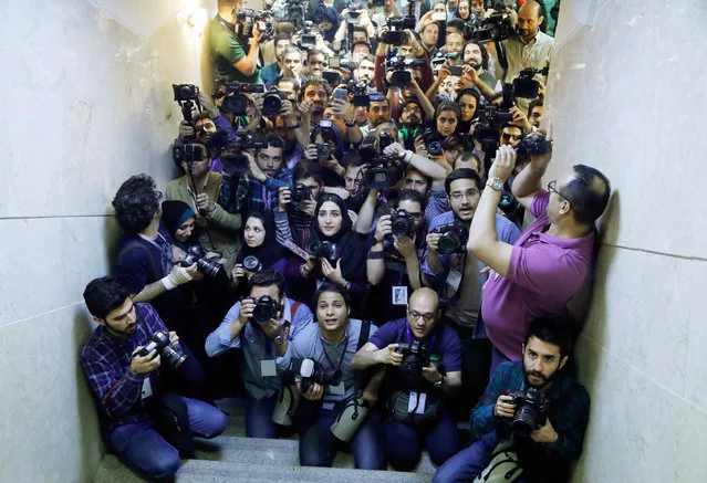 Media wait for the arrival of former Iranian Culture Minister and conservative politician Mostafa Mir-Salim (c) at the Ministry of Interior in Tehran, Iran, 11 April 2017 during the registration for Iran's upcoming presidential elections on 19 May. Media reported that registration for candidates started on 11 April at the Ministry of Interior and will continue for five days. (Photo by Abedin Taherkenareh/EPA)