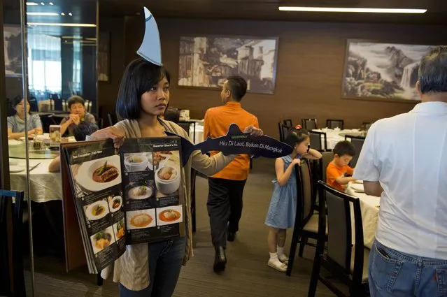 An activist holds up a menu and placard as she and other Greenpeace volunteers and Indonesian marine activists stage a campaign at a popular Chinese restaurant as they demonstrate against the consumption of shark's fin in Jakarta on July 12, 2015. According to environmentalists about 66 per cent of species of sharks and rays found in Indonesia face threat of extinction as the country is one of the largest supplier of shark's fin products. (Photo by Romeo Gacad/AFP Photo)