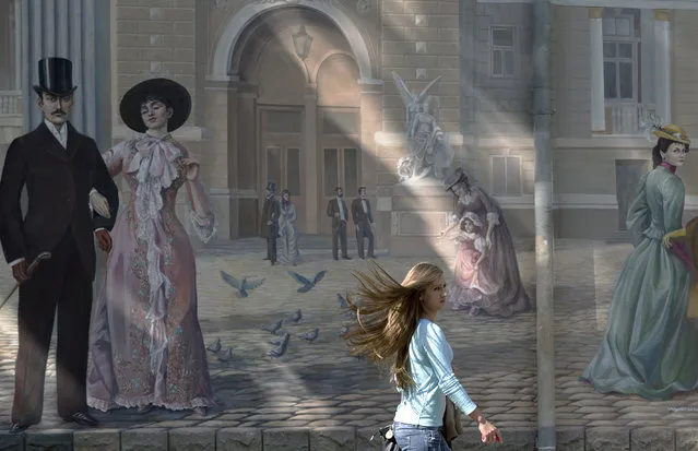 A girl walks past a mural depicting the city's opera house in Odessa, Ukraine, Thursday, May 15, 2014. (Photo by Vadim Ghirda/AP Photo)