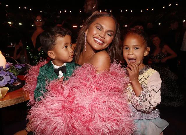 (L-R) Miles Stephens, Chrissy Teigen, and Luna Stephens attend the 64th Annual GRAMMY Awards at MGM Grand Garden Arena on April 03, 2022 in Las Vegas, Nevada. (Photo by Johnny Nunez/Getty Images for The Recording Academy)