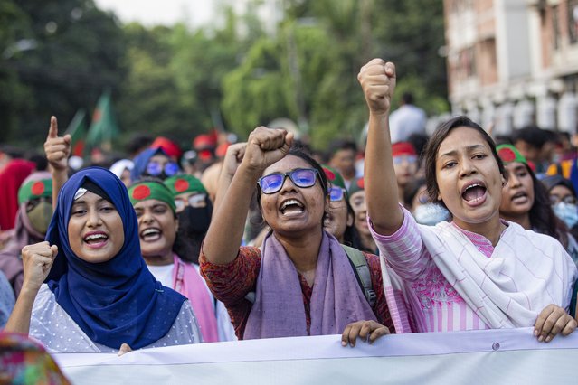 Students shout slogans during a protest demanding the trial of former Prime Minister Sheikh Hasina in Dhaka, Bangladesh, Tuesday, August 13, 2024. (Photo by Rajib Dhar/AP Photo)