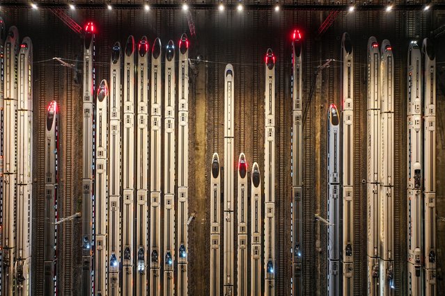 Bullet trains are seen parked at Nanjing south railway station in Nanjing, in eastern China's Jiangsu province on August 13, 2024. (Photo by AFP Photo/China Stringer Network)