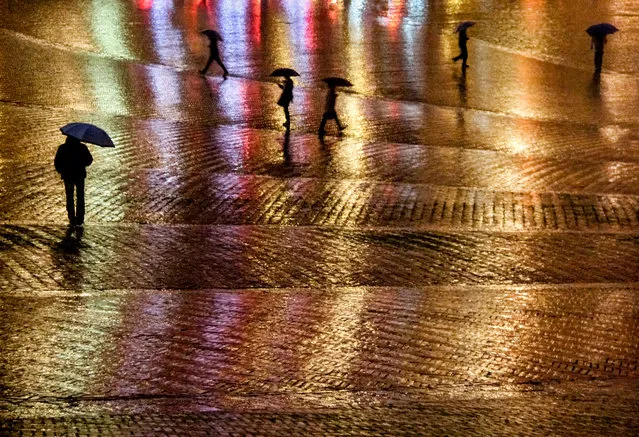 “Rainy Night in the Piazza del Campo”. It was a long day of travel and I arrived in Siena tired, hungry and a bit lonely after a few weeks of traveling alone. The rain was steady and did little to help my mood. Still, I wandered the streets until I found myself at the edge of the Piazza del Campo and was immediately drawn to the neon glow cast by the cafes along its periphery, reflecting off the wet bricks and providing an amazing backdrop for the silhouettes of umbrella'd figures making their way home on this rainy night. (Photo and caption by Karen Messerman/National Geographic Photo Contest)