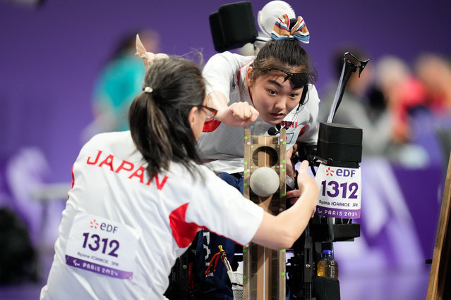 Ayane Ichinoe of Japan competes in the mixed pair BC3 boccia qualification match at South Paris Arena during the Paris 2024 Paralympic Games in Paris on September 3, 2024. (Photo by Maruyama Kohei/AFLO/Rex Features/Shutterstock)