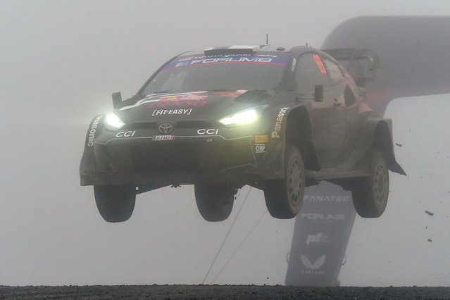 Finland's driver Kalle Rovanpera and co-driver Jonne Halttunen race in their Toyota GR Yaris during the third day of the WRC Rally Chile Bio Bio in Concepcion, Chile, on September 29, 2024. (Photo by Guillermo Salgado/AFP Photo)