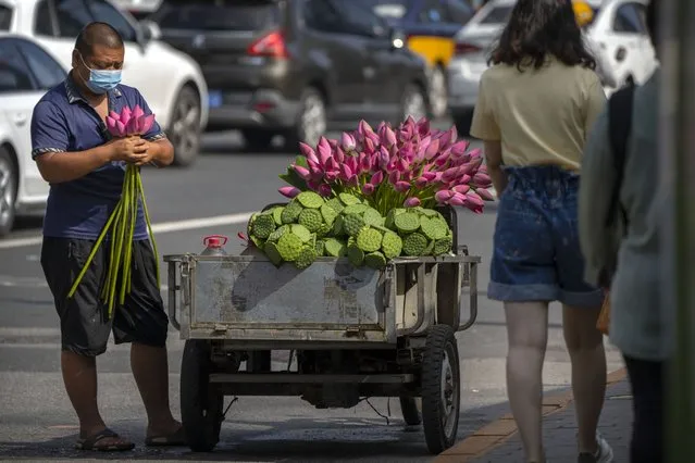 A vendor wearing a face mask sells lotus flowers along a street in the central business district in Beijing, Friday, July 29, 2022. (Photo by Mark Schiefelbein/AP Photo)