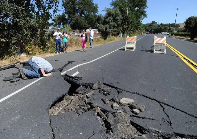 Nicholas George looks under a buckled highway just outside of Napa, California after earthquake struck the area in the early hours of August 24, 2014. California's governor Jerry Brown declared a state of emergency Sunday following a strong 6.0-magnitude earthquake that seriously injured three people including a child and ignited fires in the scenic Napa valley wine region. (Photo by Josh Edelson/AFP Photo)