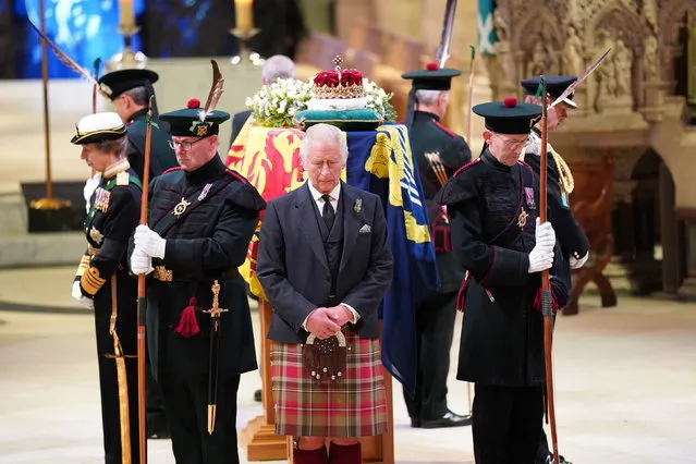 King Charles III and other members of the royal family hold a vigil at St Giles' Cathedral, Edinburgh, in honour of Queen Elizabeth II on Monday, September 12, 2022. (Photo by Jane Barlow/PA Wire)