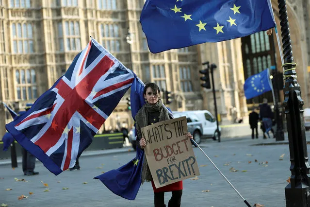 A protester holds a placard and British and EU flags outside Parliament in London, Britain, November 22, 2017. (Photo by Simon Dawson/Reuters)