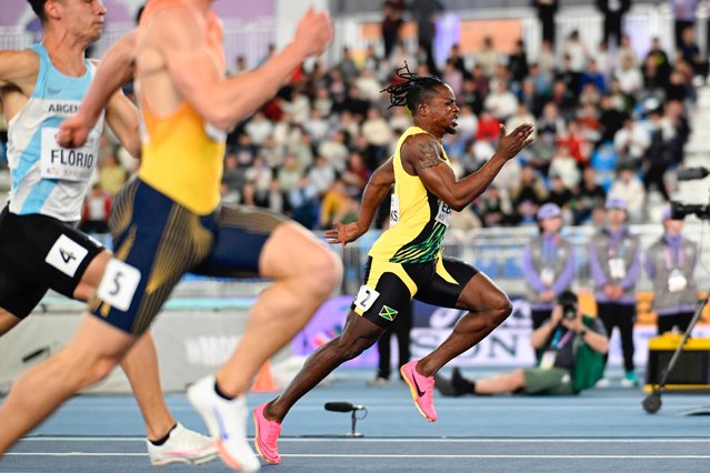 Jamaica's Nishion Ebanks competes in the men's 60m heats during the Indoor World Athletics Championships in Nanjing, in eastern China's Jiangsu province, on March 21, 2025. (Photo by Wang Zhao/AFP Photo)