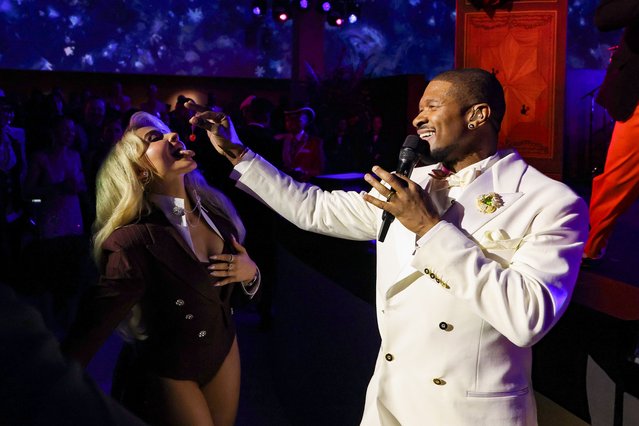 Sabrina Carpenter reacts as Usher performs during the 2025 Met Gala Celebrating “Superfine: Tailoring Black Style” at Metropolitan Museum of Art on May 05, 2025 in New York City. (Photo by Kevin Mazur/MG25/Getty Images for The Met Museum/Vogue)