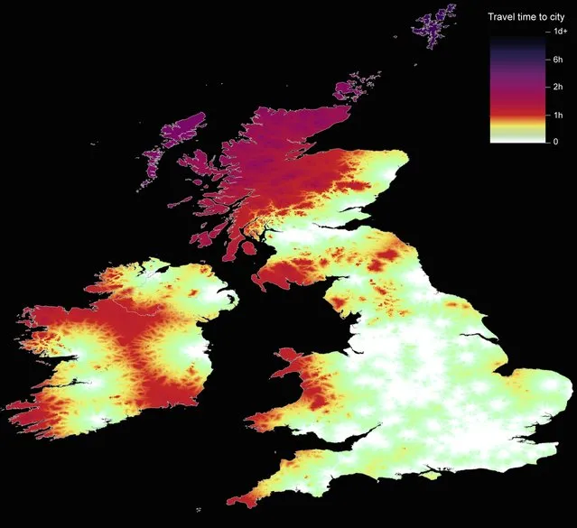 Great Britain and Ireland. Due to a high density of urban centres in Britain and Ireland, accessibility is largely unimpeded – shown by light colours. Only in the highlands of Scotland are travel times increased, as indicated by dark colours. For their article in the journal Nature, Daniel Weiss and his colleagues used Open Street Map and Google to collate travel times to cities in 2015. (Photo by Daniel Weiss/Jennifer Rozier/Malaria Atlas Project/University of Oxford )