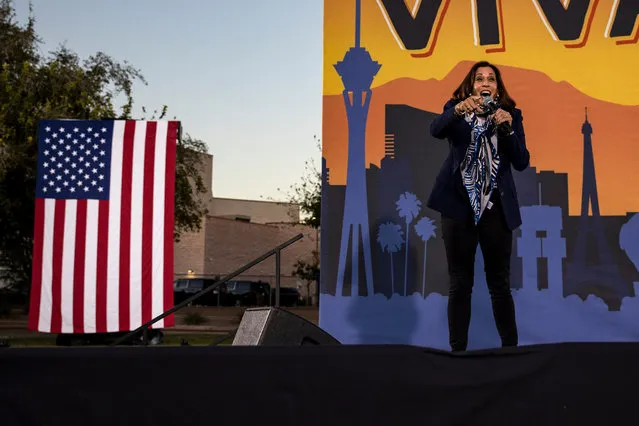 Democratic vice presidential nominee Sen. Kamala Harris (D-CA) speaks during a campaign stop on October 27, 2020 in Las Vegas, Nevada. With the presidential election one week away, candidates of both parties are attempting to secure their standings in important swing states. (Photo by Joe Buglewicz/Getty Images)